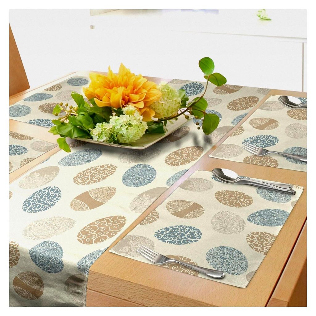 Tischläufer und 4 Tischsets für Ostern, Künstlerische Feier-Ikonen mit floralen Verzierungen, Tischdeko-Set, 180 x 40 cm, Hellgelb Blaugrau