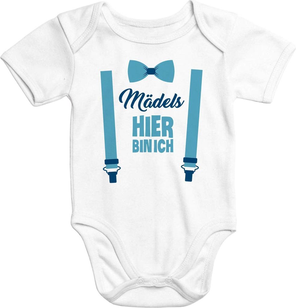 Kurzarm Baby-Body mit Aufdruck Mädels hier bin ich lustig Spruch Strampler Baumwolle Moonworks weiß 0-3 Monate