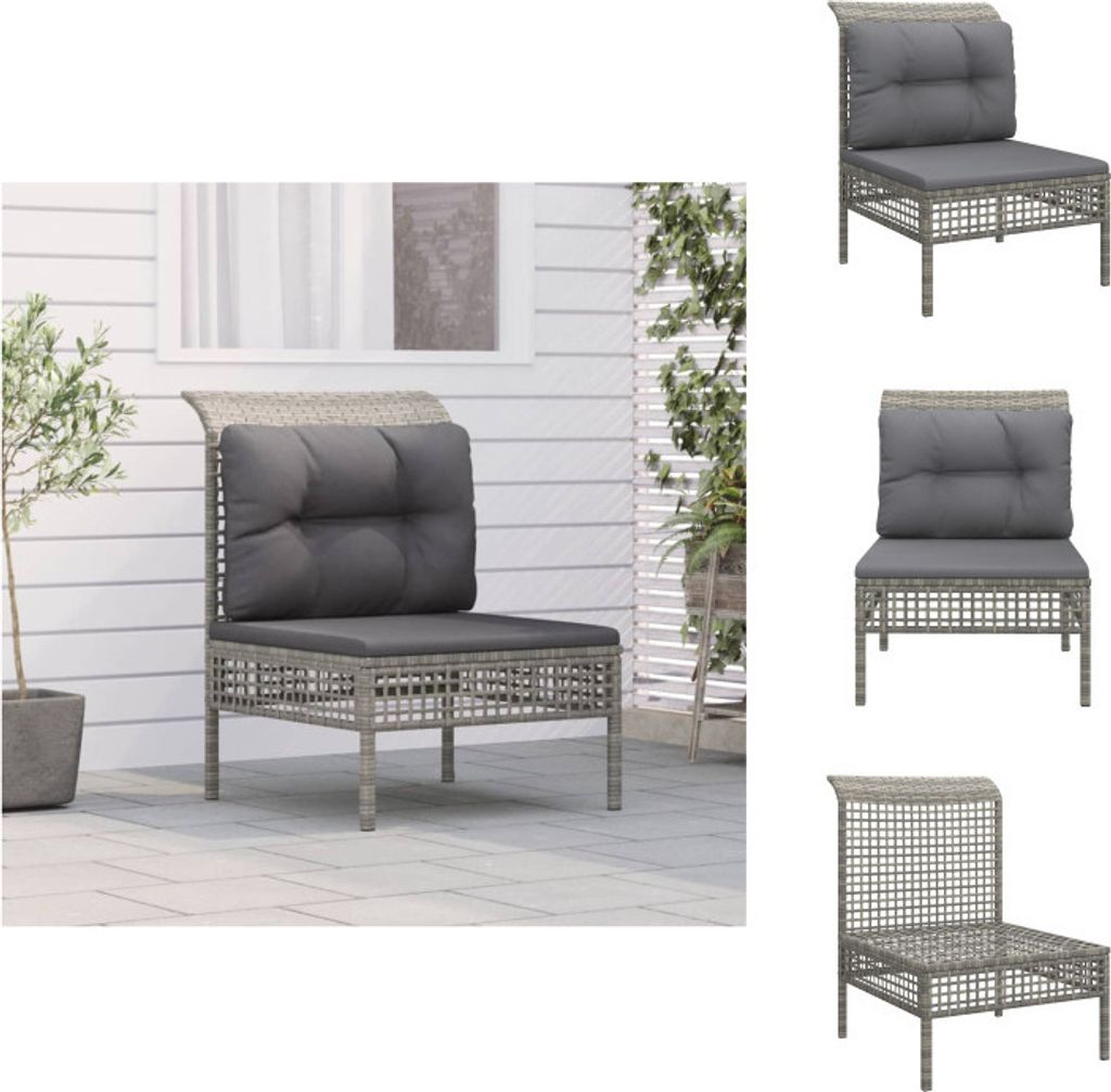 vidaXL Garten-Mittelsofa mit Kissen Grau Poly Rattan - Gartenmöbel-Sets