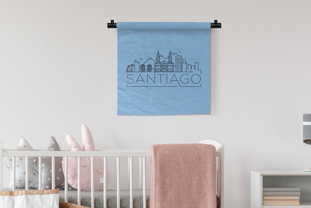 MuchoWow Wandteppich Wandbehang Skyline "Santiago" schwarz auf blau 60x60 cm Tapisserie Dekoration Wandtuch - Dekorationen - Wand Decke