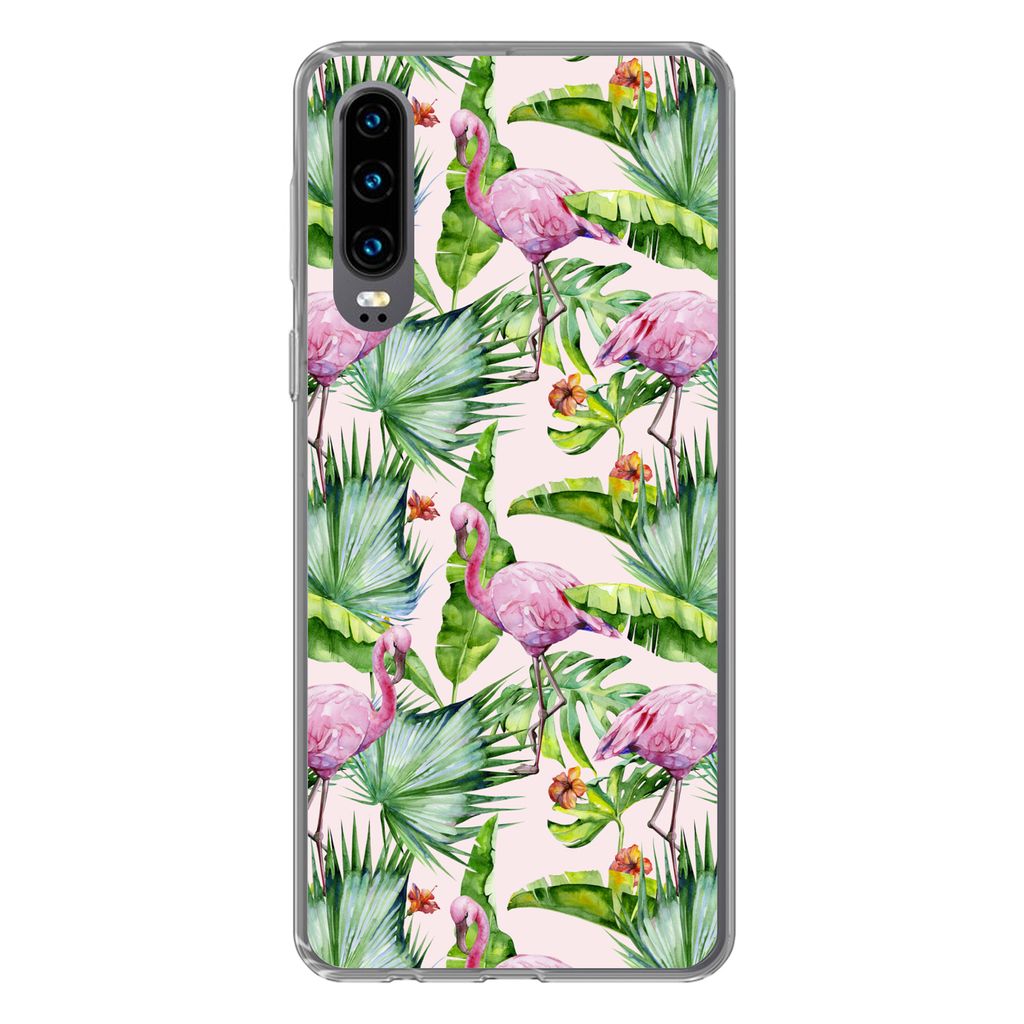 MuchoWow Handyhülle Schutzhülle Hülle für Huawei P30 Flamingo - Pflanzen - Muster Silikon Softcase Handy Hülle - Kartenbesitzer
