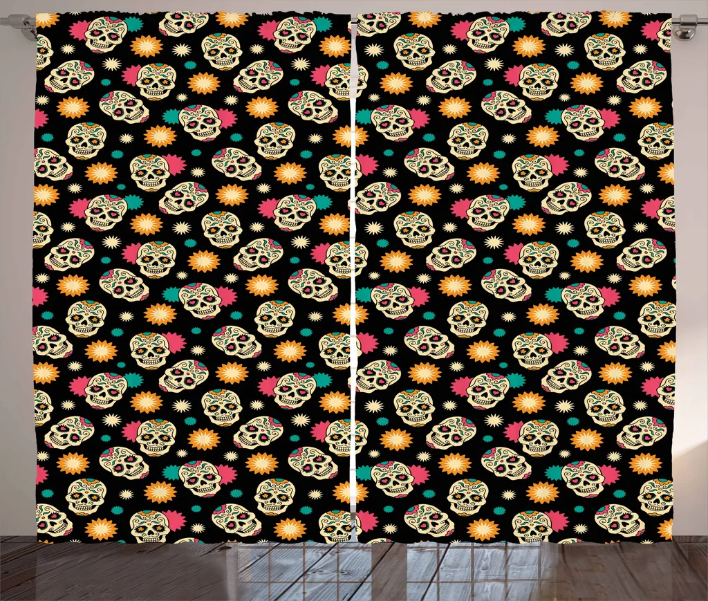 ABAKUHAUS Tenda rustica con teschi di zucchero, Daya dei morti, tende universali per soggiorno con passanti e ganci, 280 x 175 cm, multicolore
