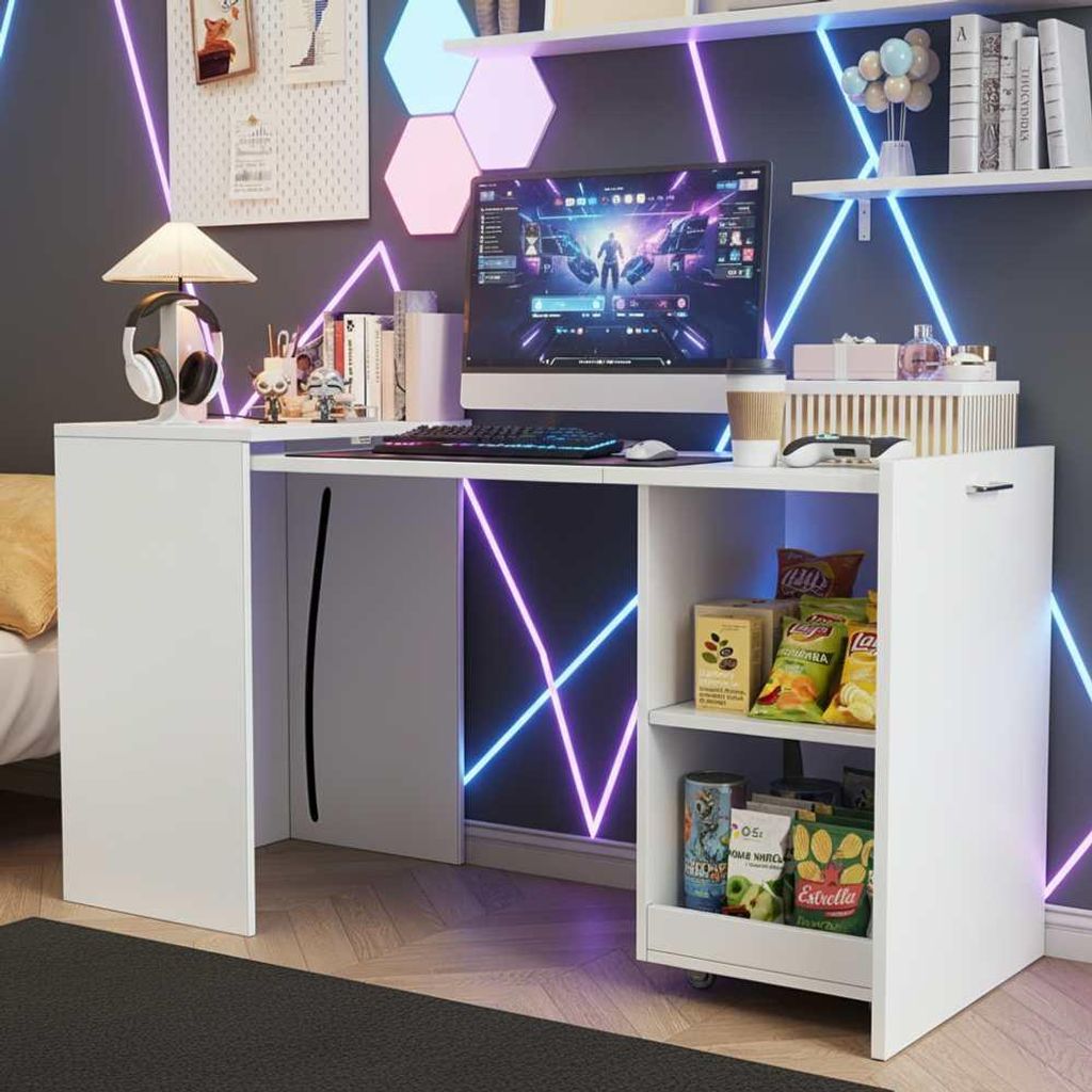 Multifunktionaler Klappschreibtisch mit Schrankdesign, vier Ablagefächer, hohe Stabilität, ideal für effizientes Arbeiten, Farbe: Weiß, Maße: ...