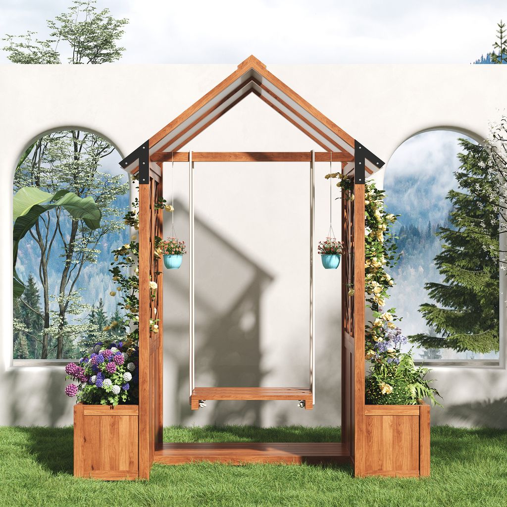 A wooden swing set with planters and flowers in a garden setting, with arched windows showing a forest landscape.