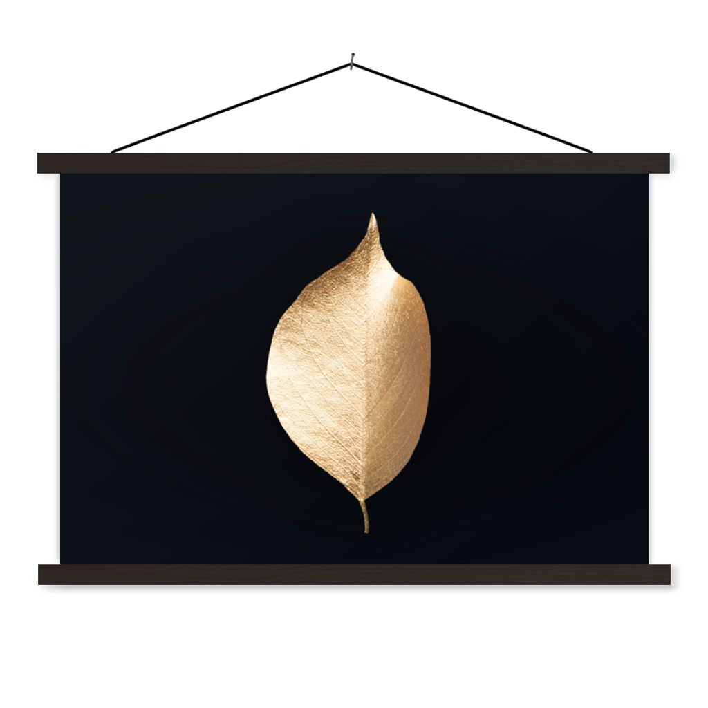 MuchoWow Textilposter Blätter - Gold - Schwarz - Pflanzen - Luxus 90x60 cm mit schwarzem Rahmen - Aufhängungssatz