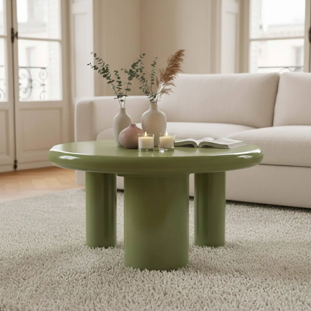 Table basse ronde anti-rayures vert olive en MDF laqué