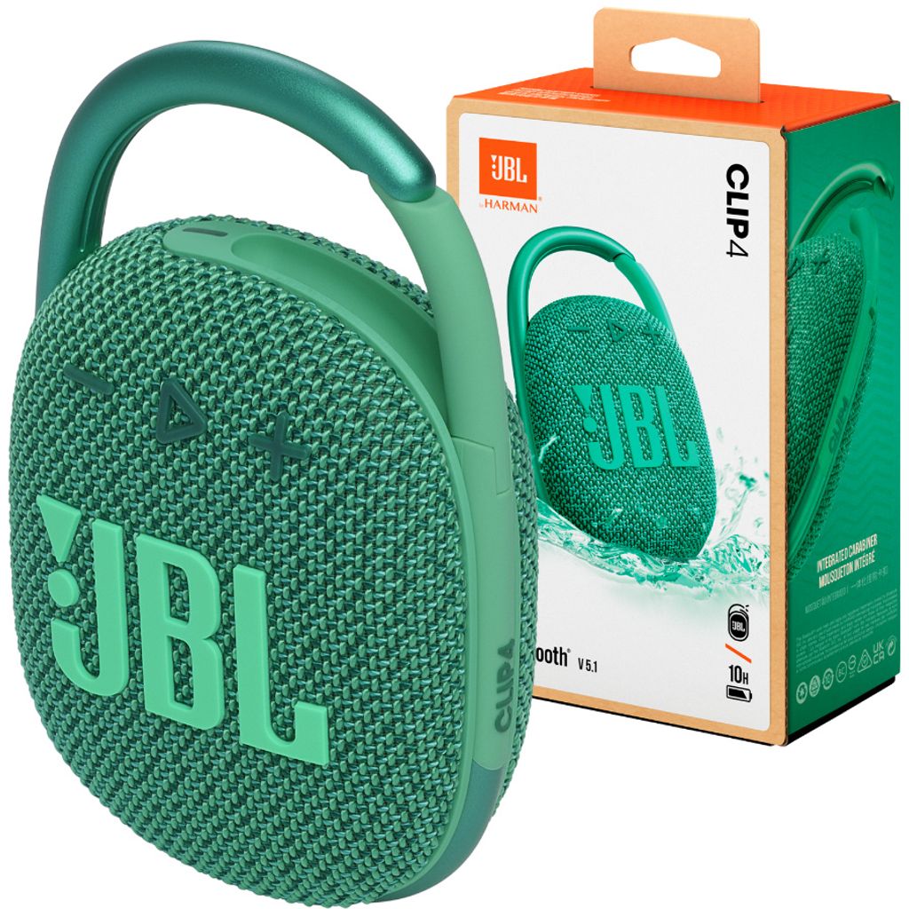 A green JBL Clip 4 portable Bluetooth speaker is shown next to its packaging.