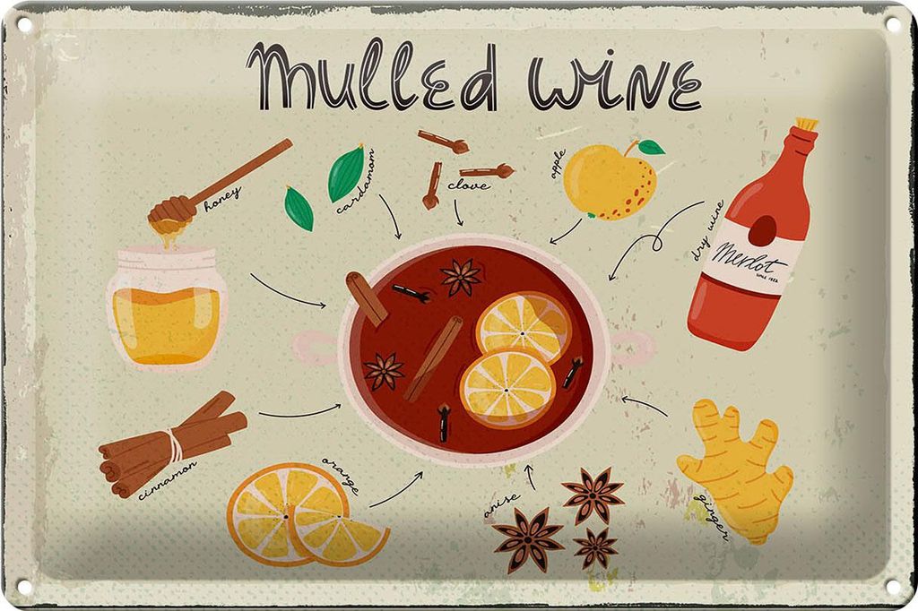 Blechschild Rezept Mulled Wine Anise Honey Apple 30x20cm