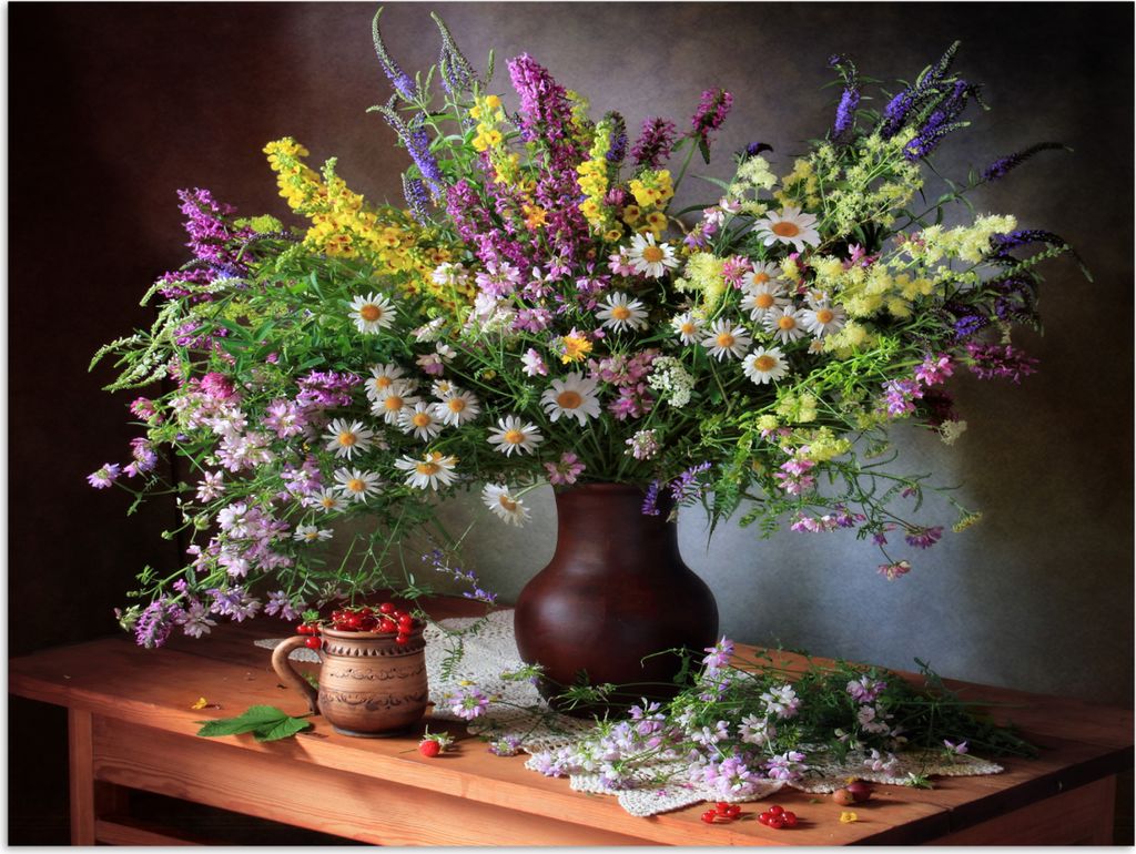 MuchoWow Poster Blumen - Tisch - Stilleben - Blumenstrauß - Vase 40x30 cm - Plakate für die Wände - Poster Wohnzimmer