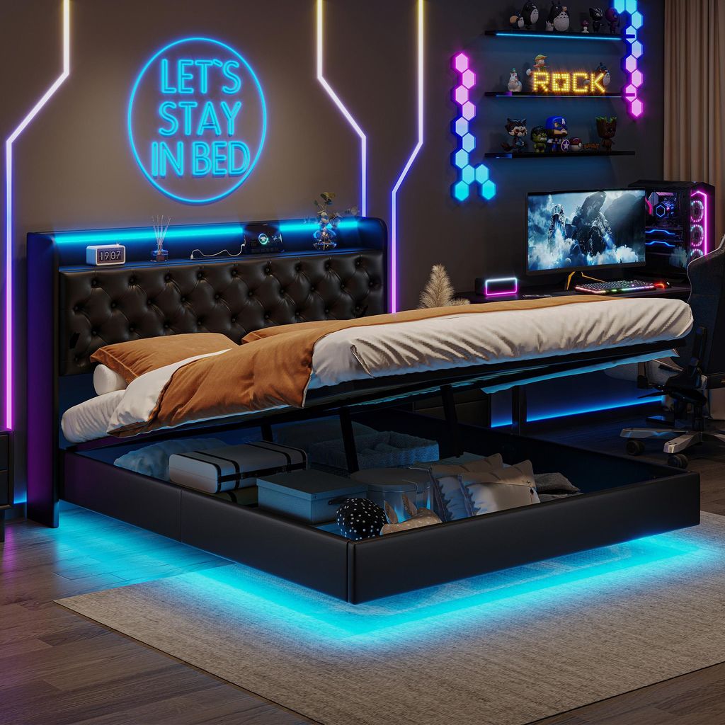 ProximaX Schwebendes PolyurethanDoppelbett 160x200 cm mit LED-Beleuchtung, USB-Anschluss & Gasdruck-Speicherfunktion – Schwarz, Kopfteil mit Stau...
