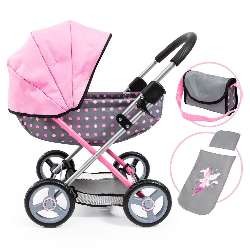 Bayer Design 12766AA Puppenwagen Cosy mit Tasche, Kopfkissen, Decke, grau, rosa