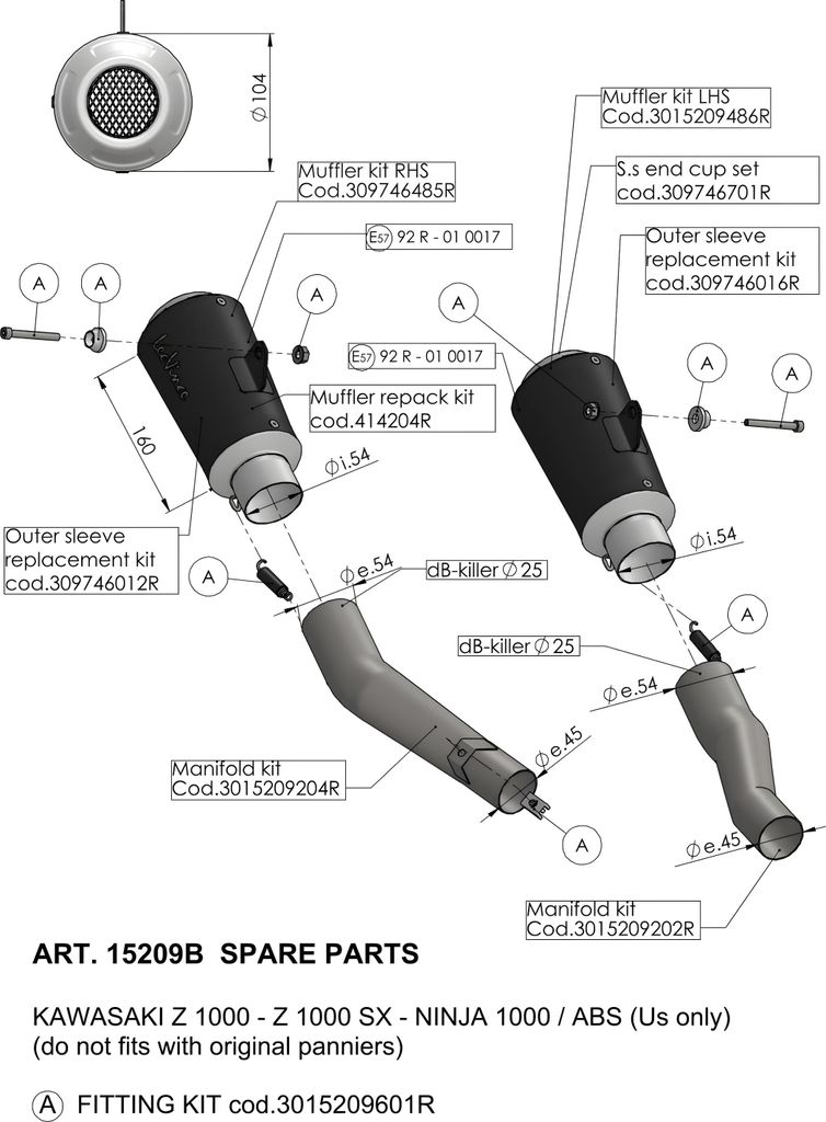 Endschalldämpfer LeoVince Auspuff-Ersatzteil, Edelstahl schwarz, Ø 54mm 160mm, links für LV-10