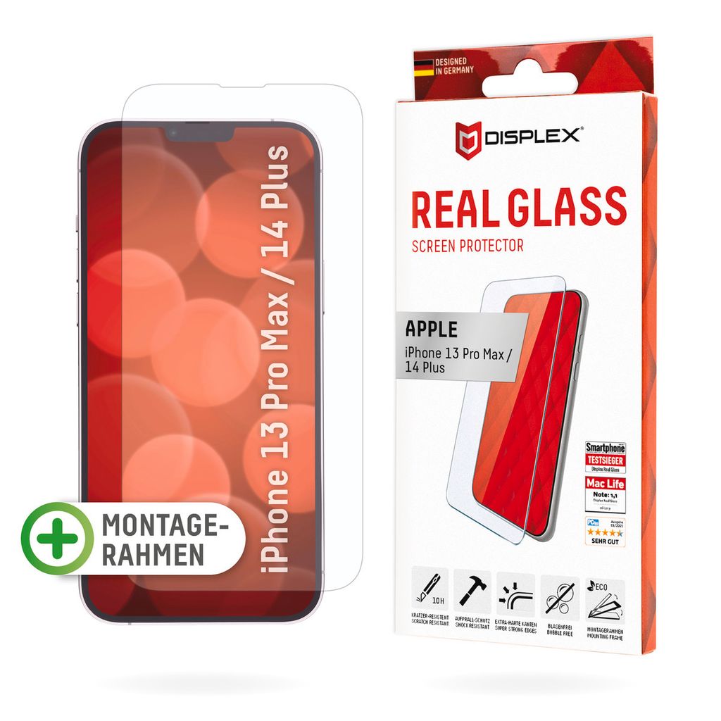 Displex Panzerglas (10H) für Apple iPhone 13 Pro Max/14 Plus, Eco-Montagerahmen, Tempered Glas, kratzer-resistente Schutzfolie, hüllenfreundlich,...