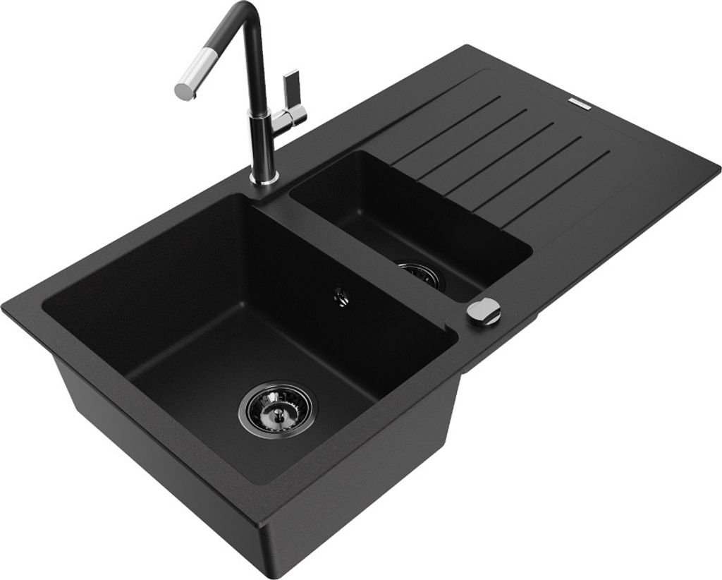 Mexen Matias 1,5-Becken-Granitspüle mit Abtropffläche und Mischbatterie Flora, Schwarz - 6502-77-670401-07-B