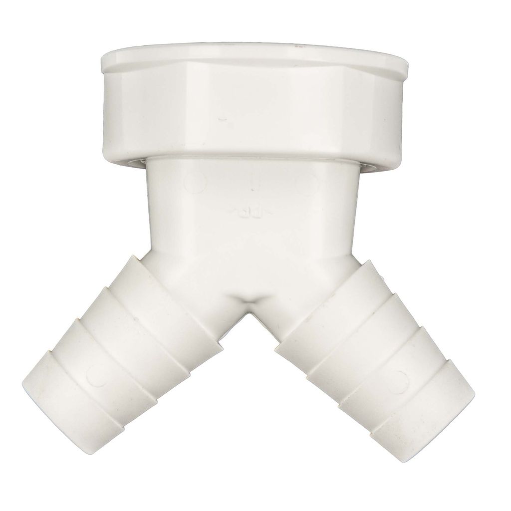 A white Y-shaped pipe fitting with two hose barb connections and one threaded connection.