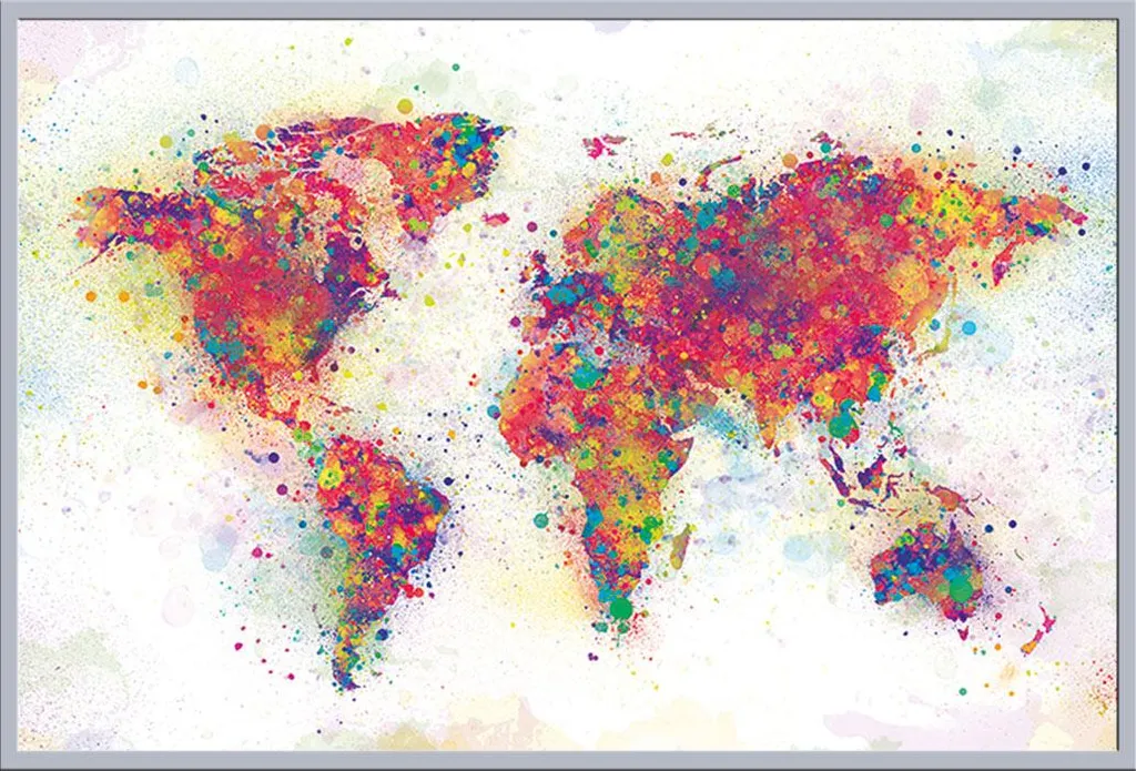 Tableau Carte du Monde Mural Design Colour Splash et Cadre Argenté 61x91