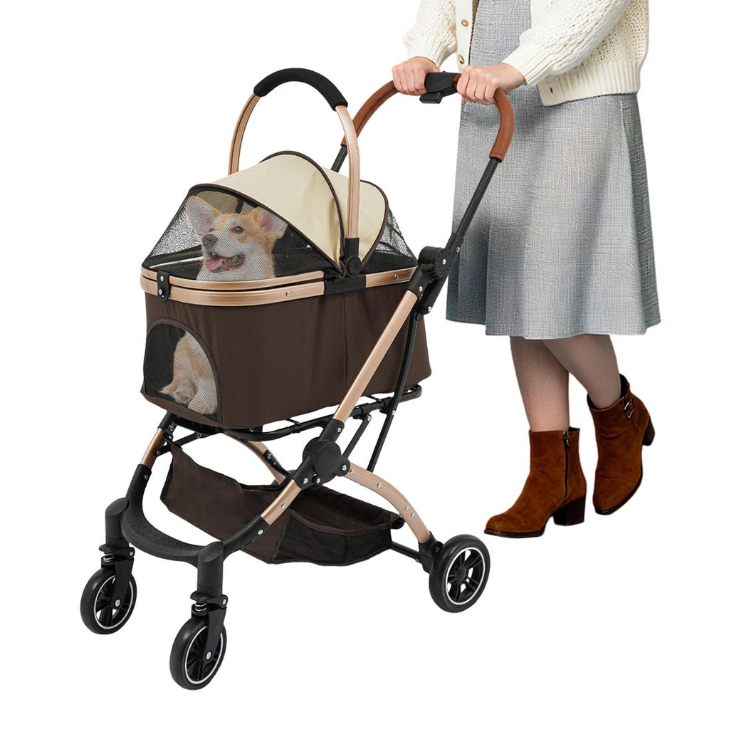 Hundebuggys 4-rädriger Haustier-Kinderwagen faltbarer für Hunde und Katzen (Kaffee&Khaki)