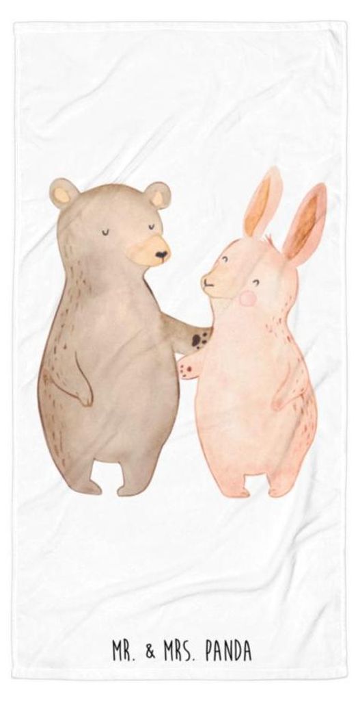 Mr. & Mrs. Panda Strandtuch Bär und Hase Umarmen - Weiß - Geschenk, Freunde, Beste Freundin, Badehandtuch, Duschtuch, Umarmung, Badelaken, für I...