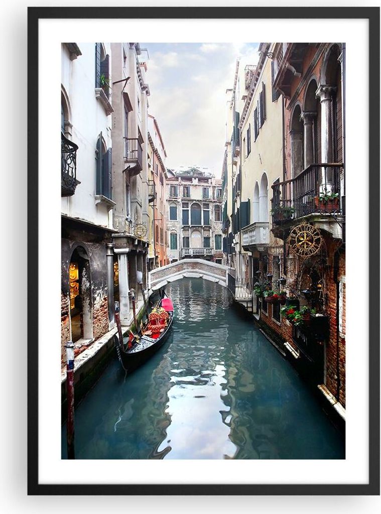 Gerahmtes Poster - Schwarzer Rahmen - Boot Brücke Tourismus Venedig - 50x70 cm - Wand Bild - Wanddeko - Wandbilder - Wandposter - Bilderrahmen - B...
