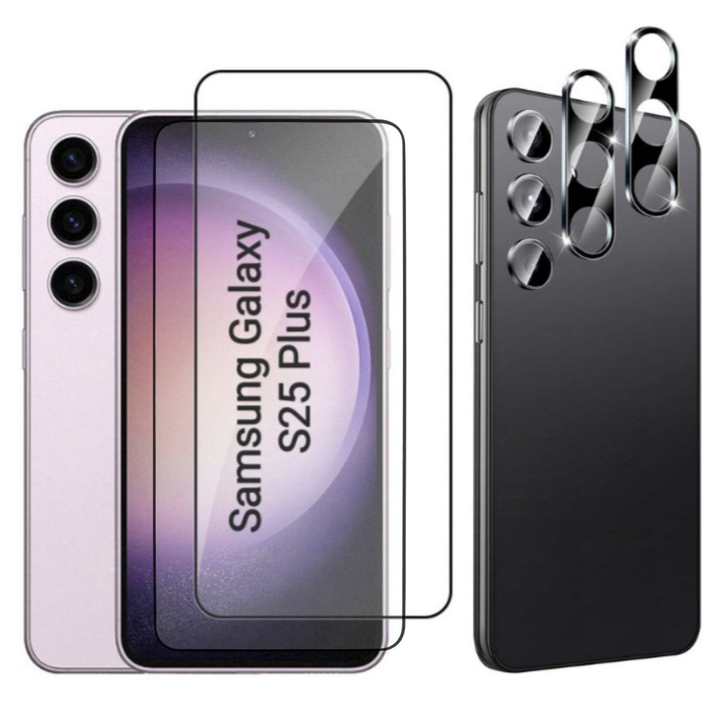 A product shot showing a phone screen protector and camera lens protectors for a Samsung Galaxy S25 Plus.