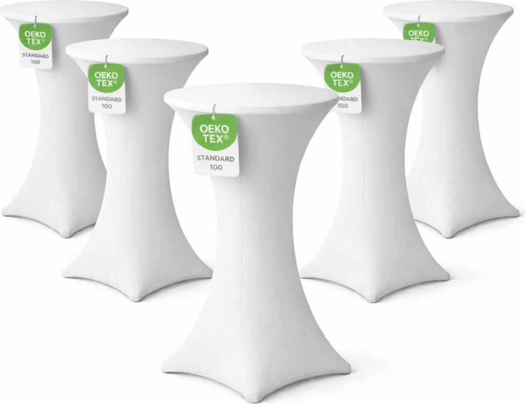 Stehtischhusse für Bistrotisch mit 4 Fußlaschen elastisch Stretch Ø 70-75x110-120 cm Weiss (5 Stück)