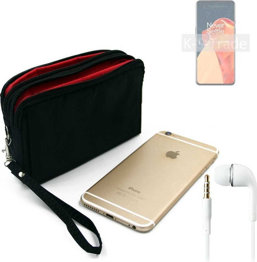 TOP SET kompatibel mit OnePlus 9 Handy Hülle Gürteltasche schwarz + Kopfhörer Travel Bag Travel-Case mit Diebstahlschutz praktische Schutz Hülle