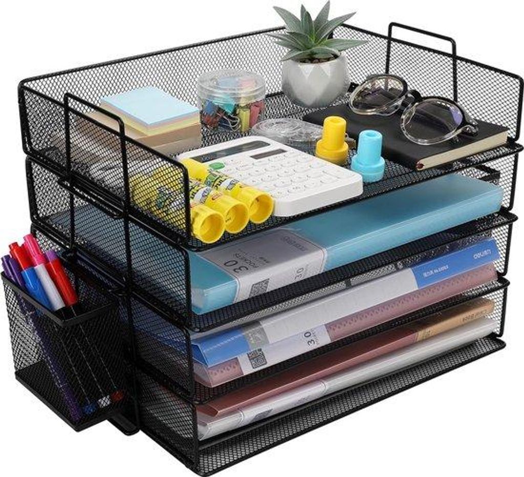 Schwarzes Metall-Regal mit 4 Etagen und Stifthalter für Büroorganisation