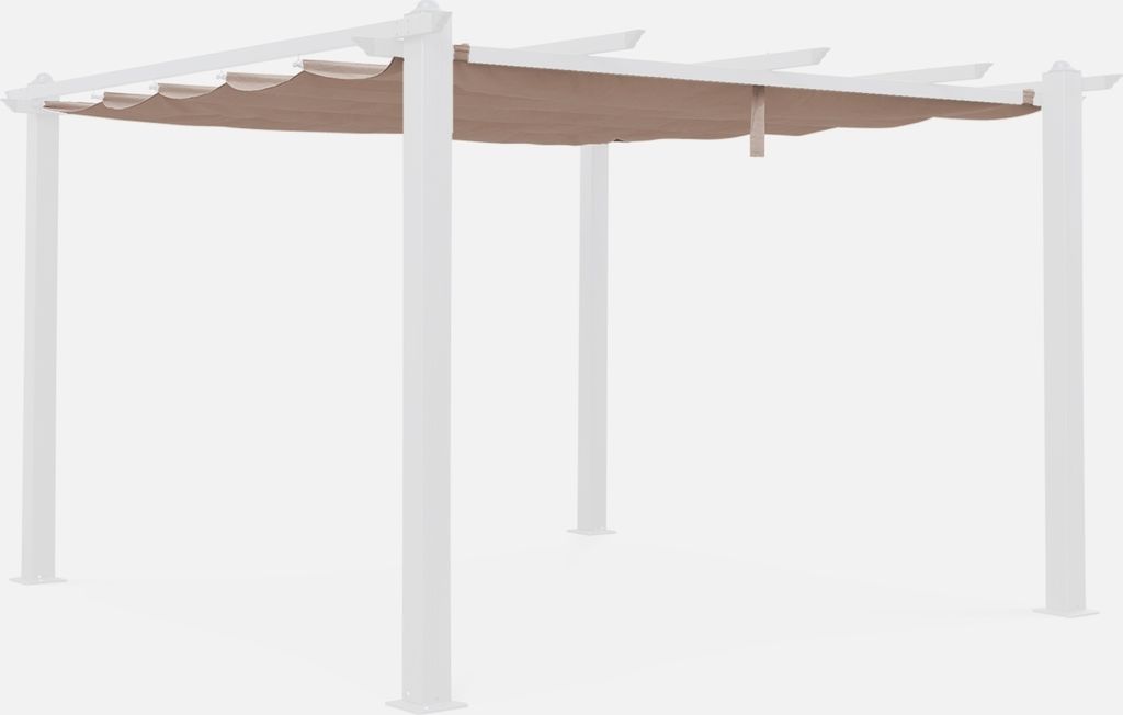 A white pergola frame with a taupe fabric canopy, shown against a white background.