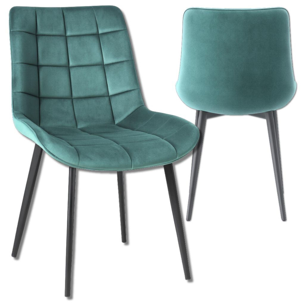 Two turquoise chairs with black legs are shown against a white background. One chair is shown from the front-left, and the other from the back.