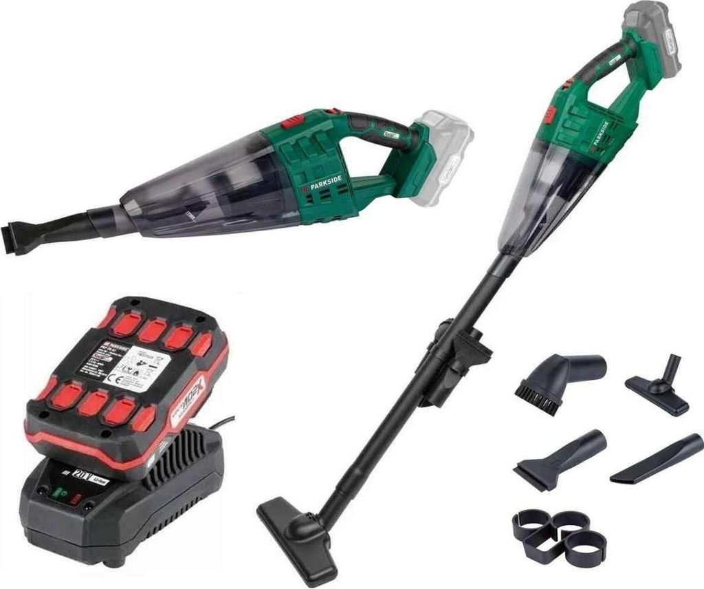 A collage of a cordless vacuum cleaner, its battery and charger, and various attachments, all presented on a white background.