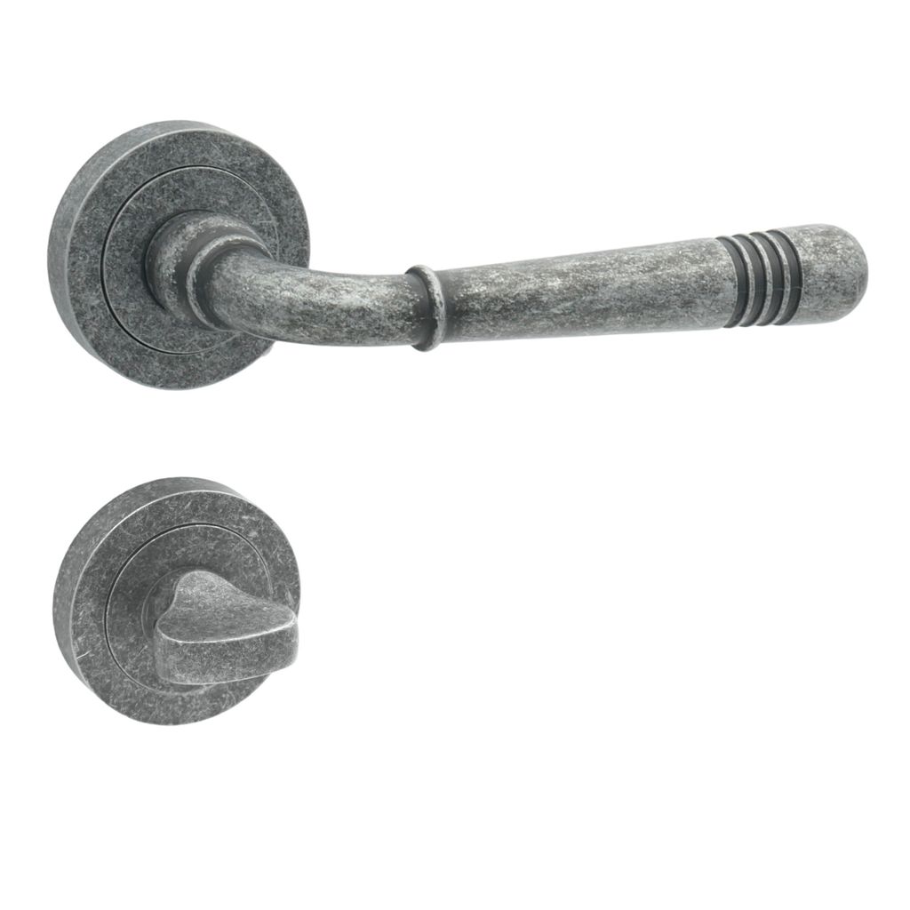 A door handle set with a round rosette and a lever handle, presented against a white background.
