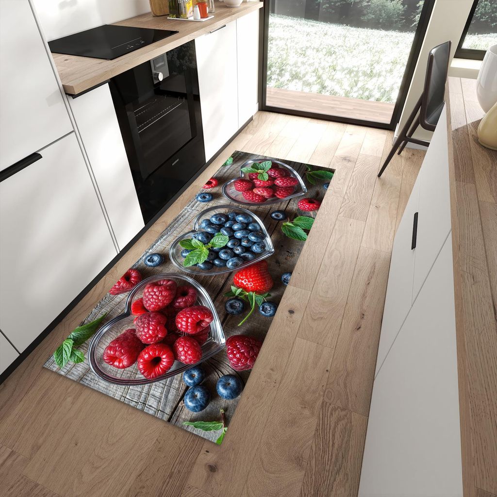 Küchenteppich 80x200cm rutschfest & abwischbar PVC Läufer - Herzschalen Beeren