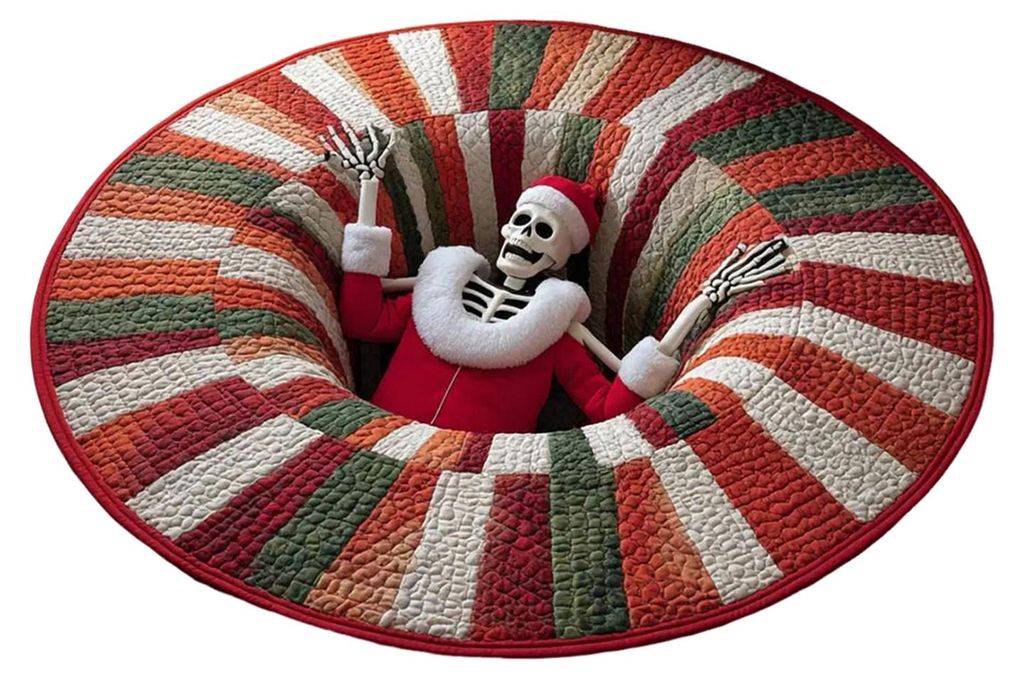 Weihnachtliche, gesteppte, runde Fußmatte mit Weihnachtsmann- und Wichtelmotiv, festlicher Teppich, rutschfeste Unterseite, Türvorleger, Wohnzimm...