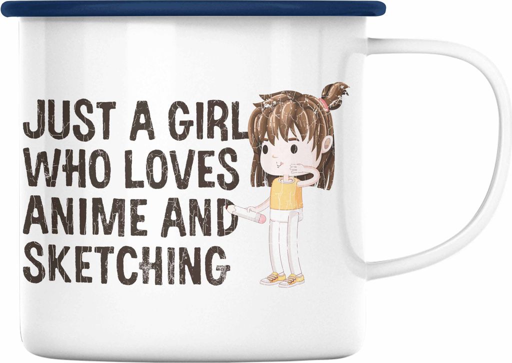 Trendation - Anime Emaille Tasse Geschenk Geschenkidee Just A Girl Who Loves Anime And Sketching Zeichnen Mädchen (Blau)