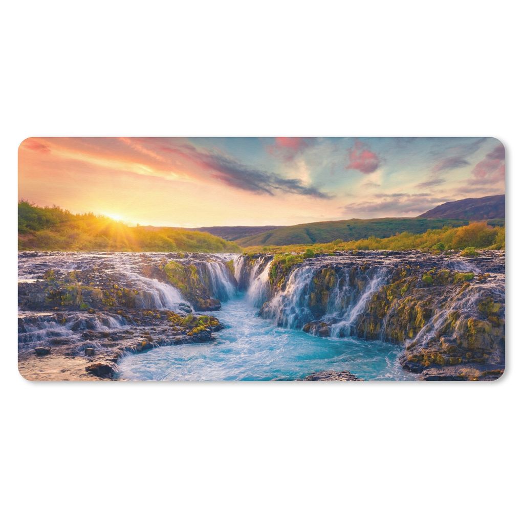MuchoWow Schreibtischunterlage Wasserfall - Pflanzen - Moos - Landschaft - Sonnenuntergang - Fels 80x40 cm - XXL Mauspad - Gaming Mauspad