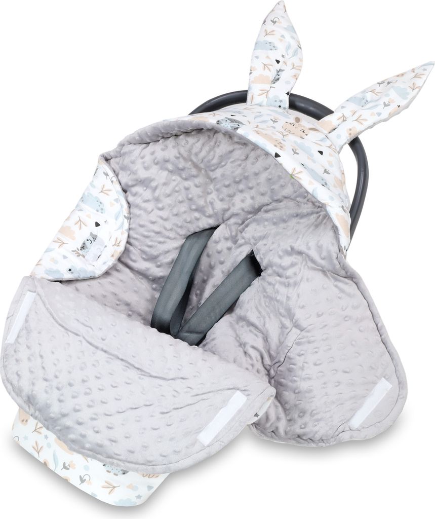 Einschlagdecke Babyschale Winter 80x87 cm - Fußsack Baby Decke für Auto Wintersack Baumwolle Minky Eule Hellgrau