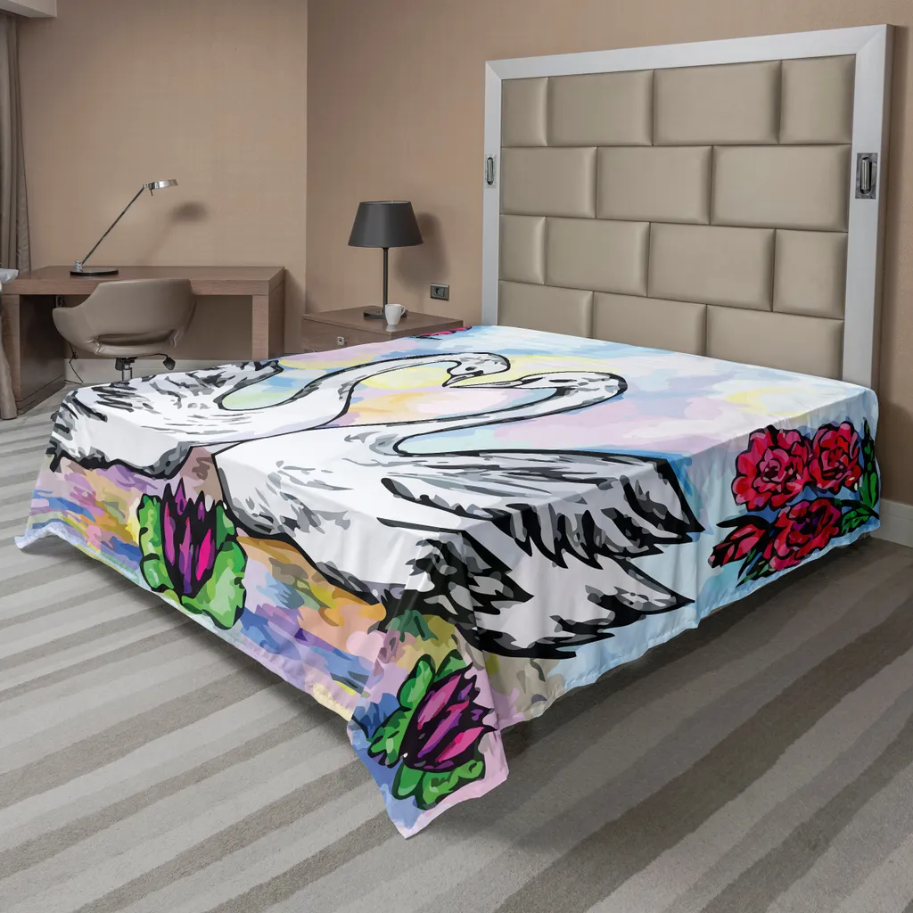 Lenzuolo ABAKUHAUS Cigno e Rose 260x228 - Biancheria Letto Romantica