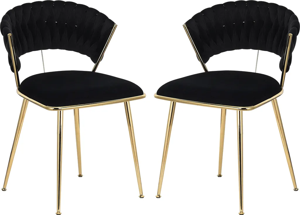 Chaises de salon rembourrées en velours noir et pieds dorés, lot de 2