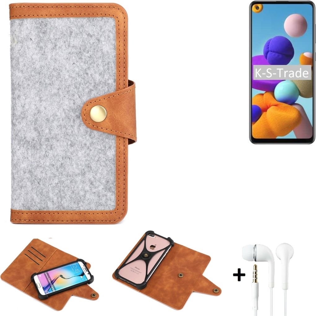 K-S-Trade Handyhülle + Kopfhörer kompatibel mit Samsung Galaxy A21s Schutzhülle Filz Hülle Kunstleder hellgrau braun (1x)