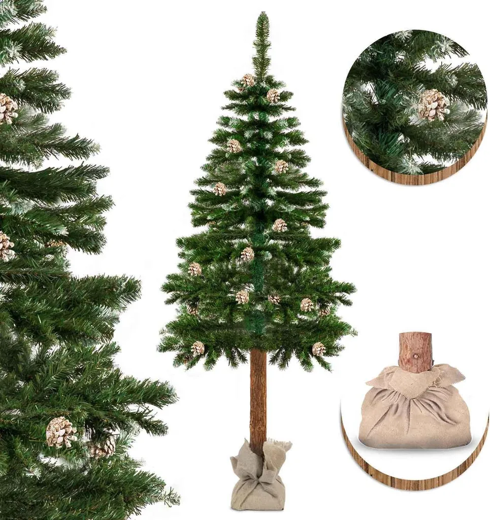 Sapin de Noël 180 cm Tronc en Bois et Pommes de Pin pour Déco Authentique