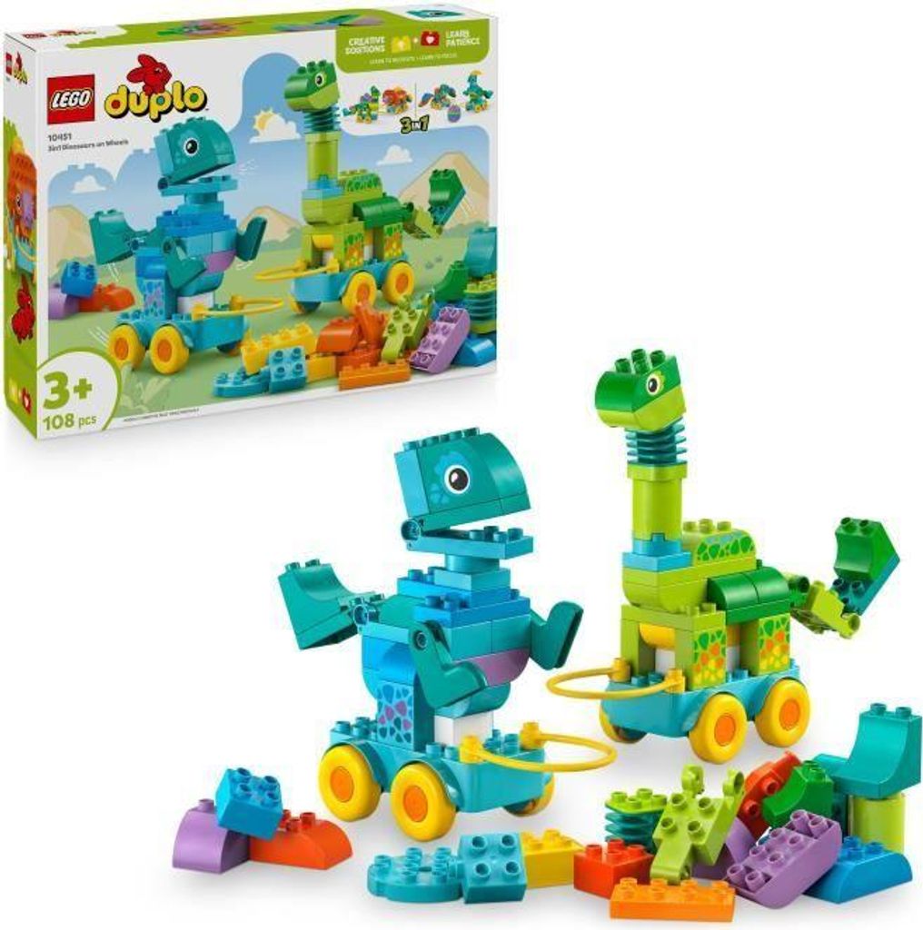 LEGO DUPLO Ma Ville 10451 Dinosaures auf Rädern 3-in-1, Lernspielzeug ab 3 Jahren, 108 Teile