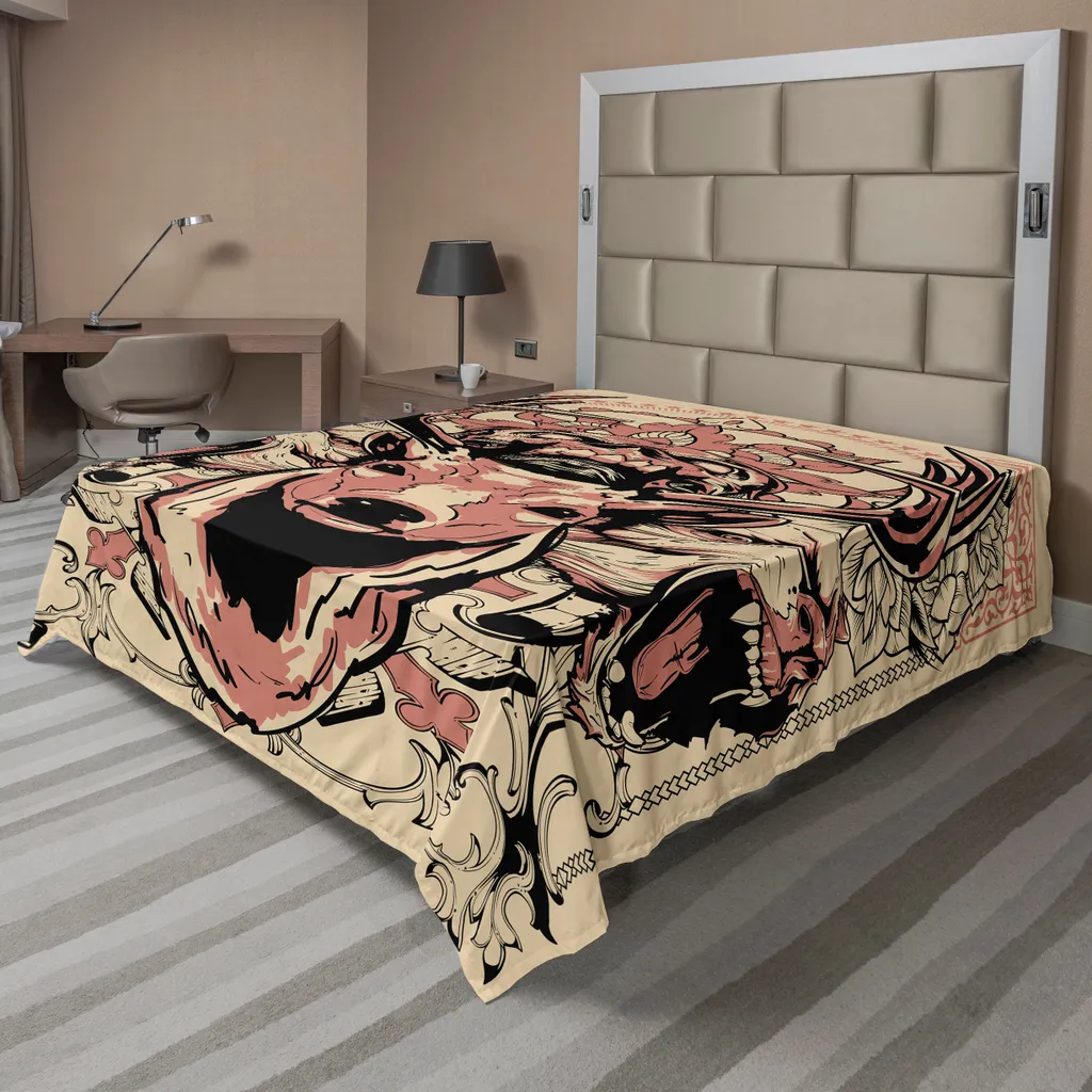 Drap de Lit Supérieur Doux Design Têtes de Loups et Fleurs 244 x 205 cm