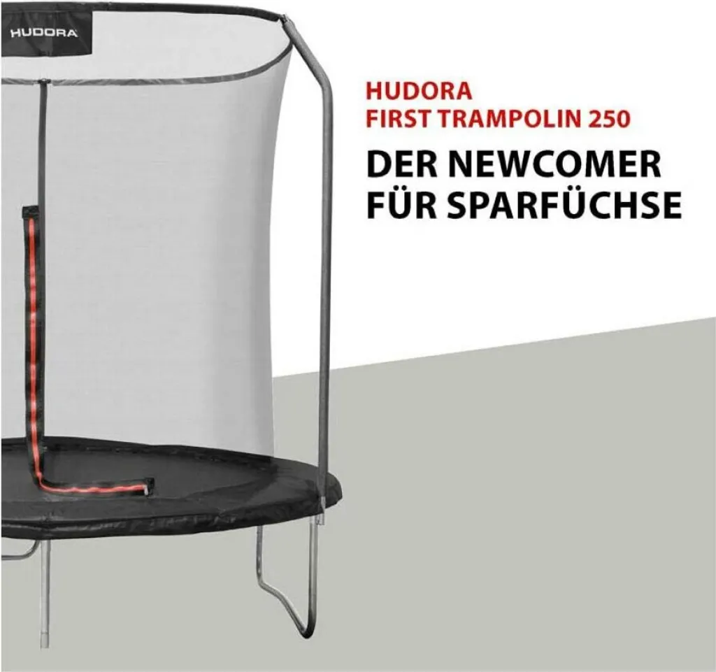 Trampoline 250cm First 250V noir robuste avec structure en acier et filet