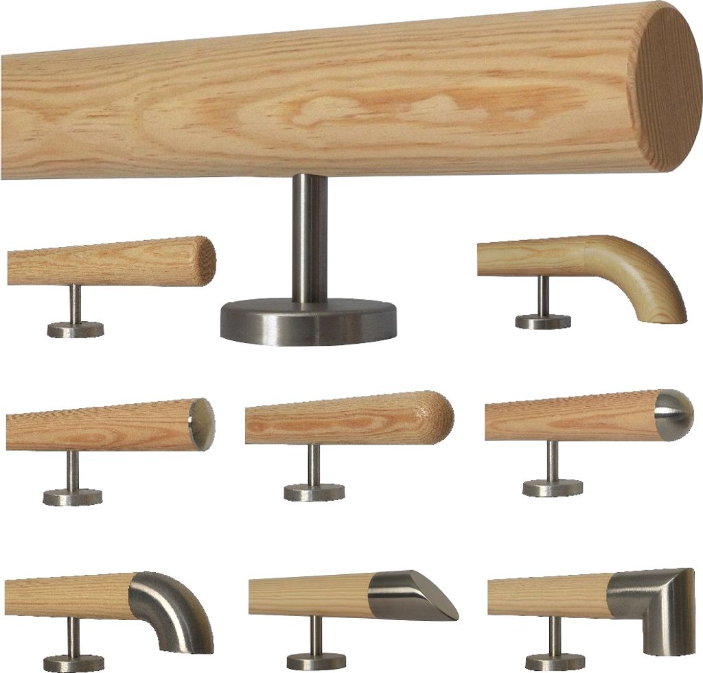 TIBU Kiefer Holz Handlauf Geländer 0,3m - 5m, Länge 440 cm, Ende gefast und 6 gerade Halter