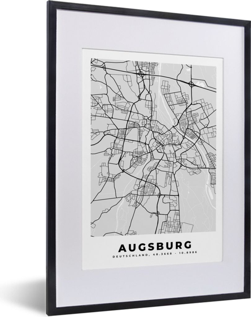 MuchoWow Gerahmtes Poster Stadtplan - Deutschland - Karte - Augsburg 30x40 cm - Poster mit Schwarzem Bilderrahmen Wandposter Rahmen Foto Bilder -...