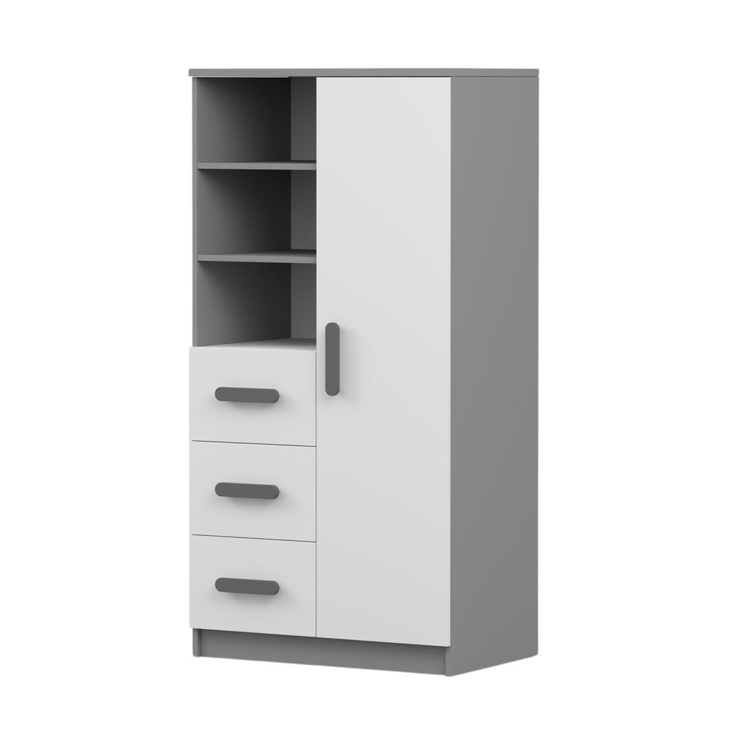 Kinder-Bücherregal Jonas 05 – 80 cm, Grau/Weiß mit Grauen Griffen, 3 Schubladen & 1 Tür