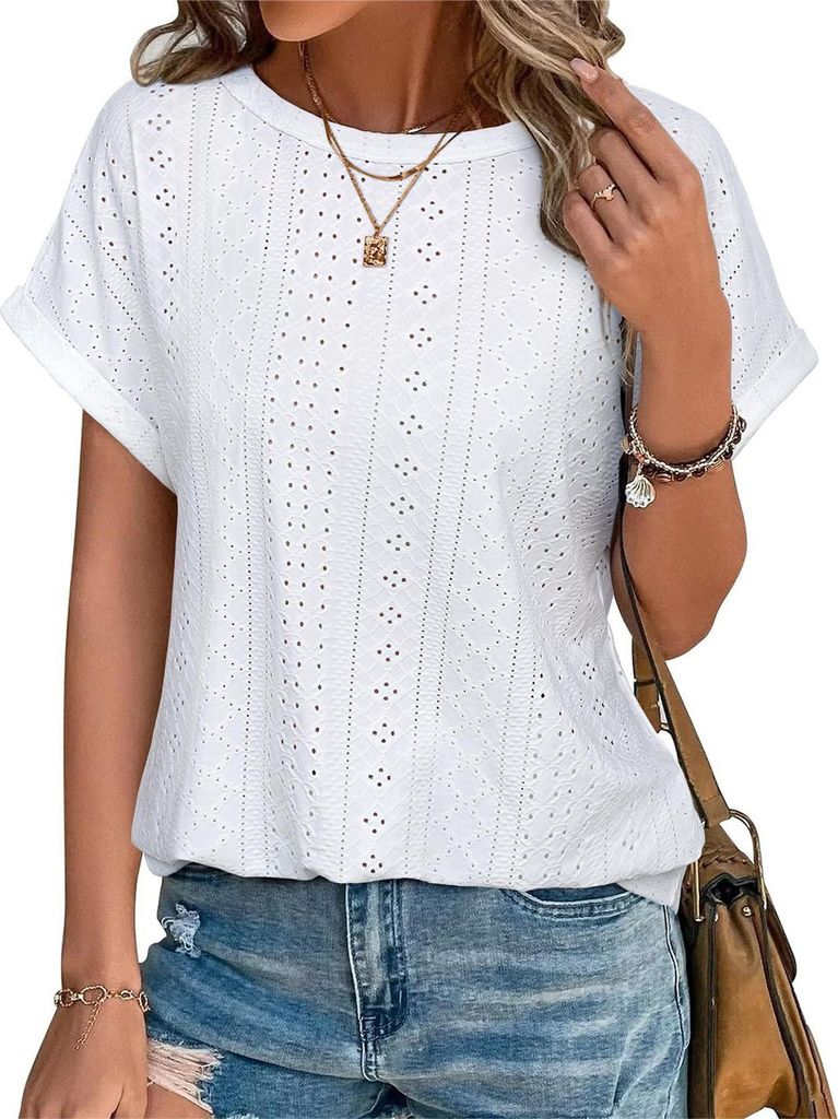 ASKSA Damen T-Shirt Rundhals Lochstickerei Bluse Sommer Einfarbig Kurzarm Elegant Lose Tunika Oberteile (Weiss,XXL)