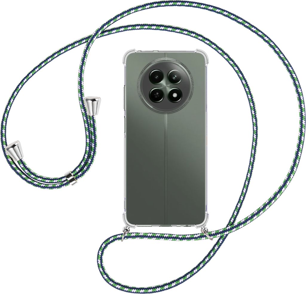 Handykette Backcover-Schutzhülle mit Band (Metall silberfarben) für Realme 12 5G, 12X 5G, 13 5G, Narzo 70X 5G - grün/blau/weiß