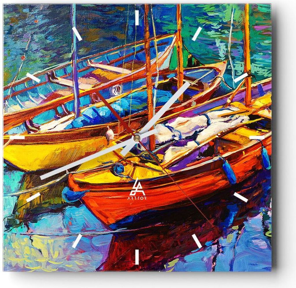 Wanduhr - Quadrat - Glasuhr - Boote Bunt Angeln Wasser - 30x30cm - Schleichendes Uhrwerk - Lautlos - zum Aufhängen bereit - Dekoration Modern - Wa...