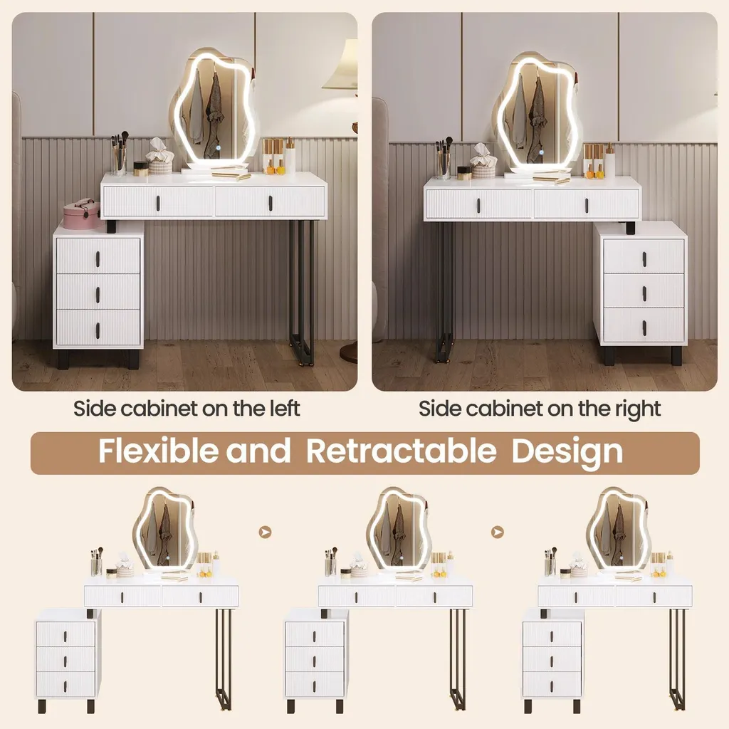 Coiffeuse avec miroir asymétrique et éclairage LED réglable - Blanc - 4